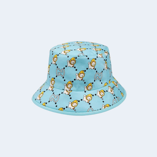 구찌 카와이 애니멀 프린트 블루 코튼 버킷 햇