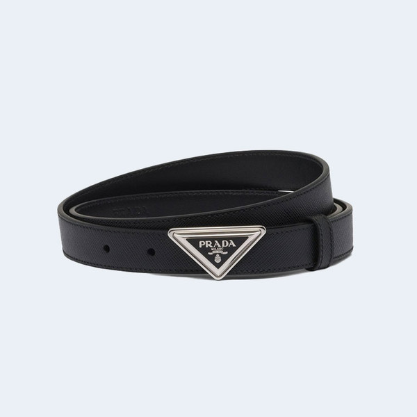 프라다 로고 버클 사피아노 가죽 벨트 실버