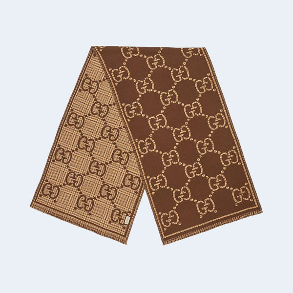 구찌 GG 체크 울 브라운 베이지 스카프