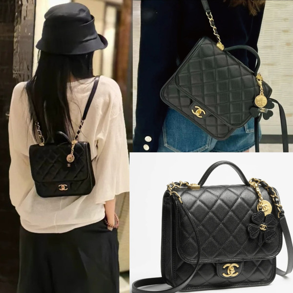 샤넬 25A 탑핸들 백팩 클로버 참 장식 AS5715