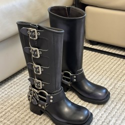 미우미우 룩 가죽 부티 롱부츠 블랙